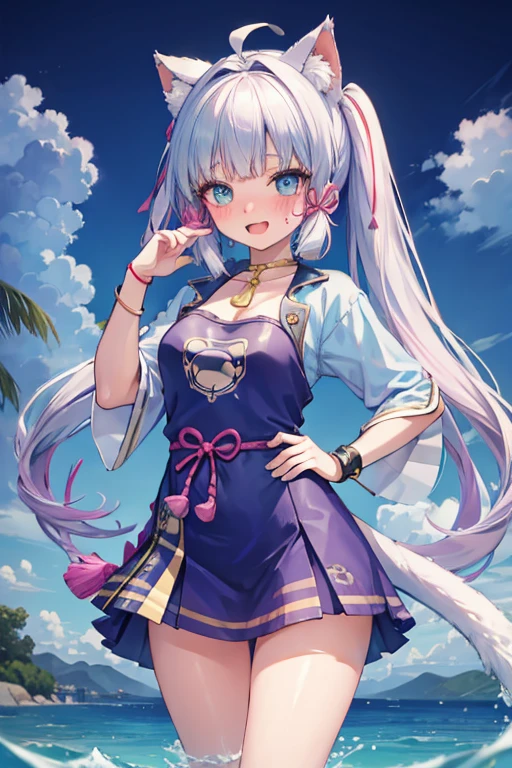 anklet,hairband,fang,soaked,bathrobe,masterpiece, best quality, kawaii, ahoge, beautiful detailed eyes, aqua eyes, eyeball, cat_ears, medium breasts, bare legs, no legwear, wristband, loli, light blush, student, hands_on_hips, excited, seductive smile, nose blush , open mouth, tail