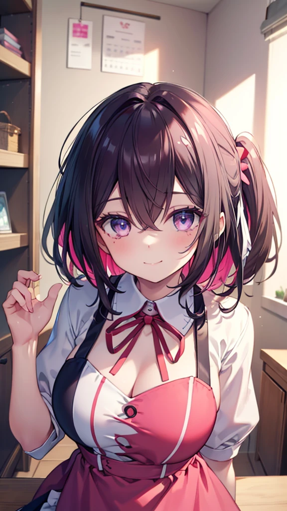 (best quality:1.2), (ultra detailed:1.2),(masterpiece:1.2),(8k:1.2),(Blessed,Captivating body、Ultra detailed hands、Ultra-detailed eyes、Ultra-detailed skin、ultra-detailed face,Detailed Background),One Girl、azki_(hololive) , 1girl, 独奏, multicolored hair, pink hair, purple eyes, black hair, dress, hair between eyes, kindergarten teacher, pink apron, kindergarten:1.3),large breasts,(in the kids room:1.2), children’s toy, in the daytime,gentle smile