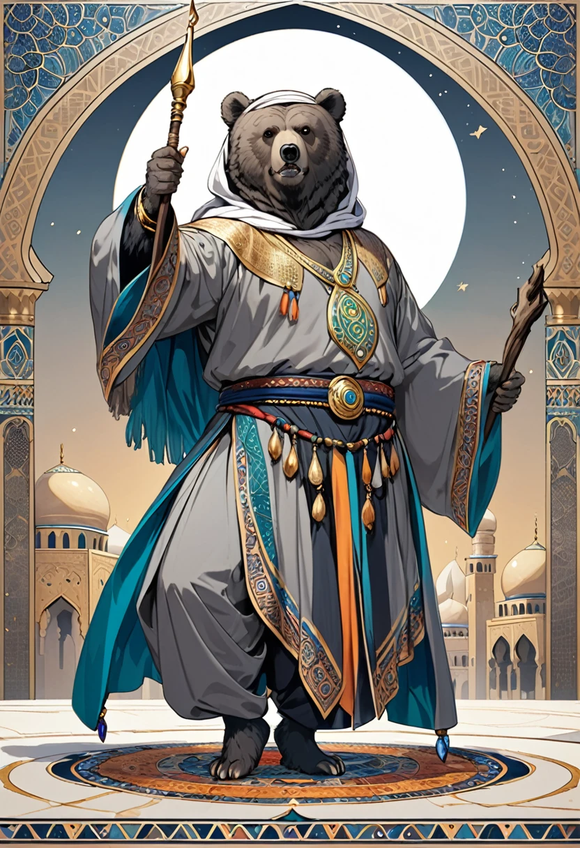 Gray bear sorcerer on two legs in rich Middle Eastern clothes