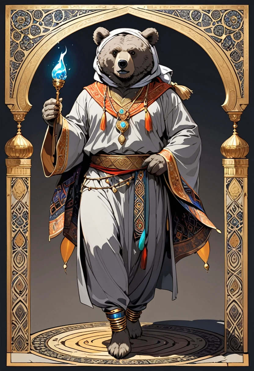 Gray bear sorcerer on two legs in rich Middle Eastern clothes