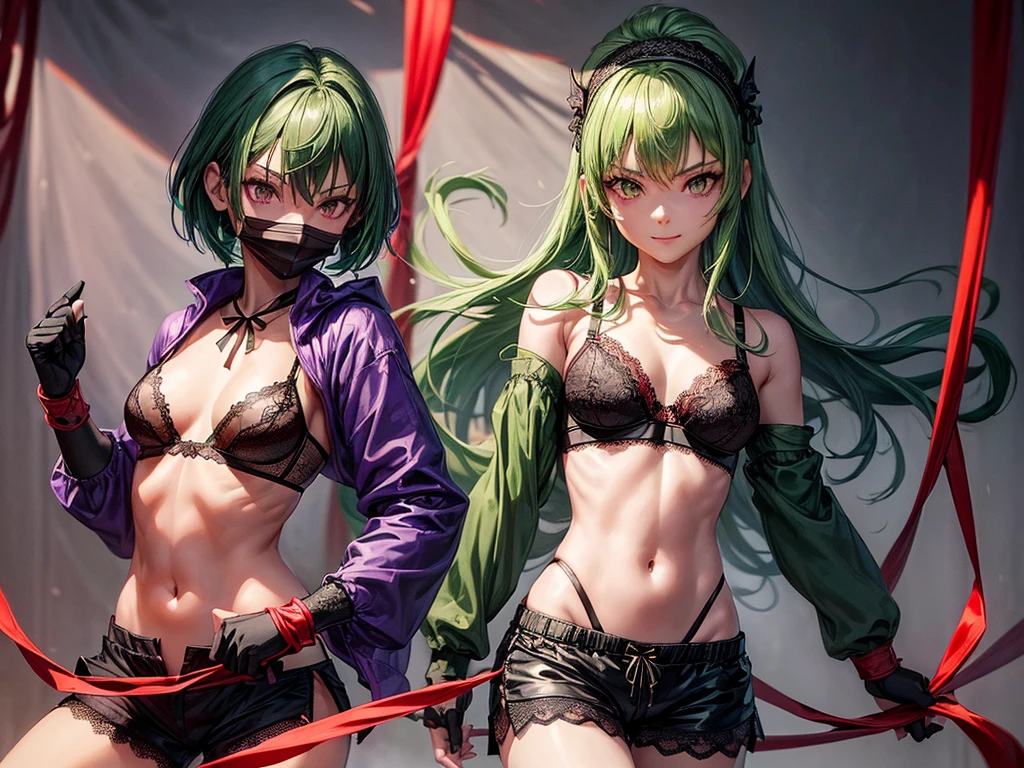 (((top-quality, masterpiece))), (best quality), (detailed), depict young ninja girl, determined, smiling, highly detailed beautiful face, delicate girl, delicate face, (((green hair))), short hair, (red headband), purple eyes, (((small breasts))), nice hips, flat belly, slim waist, define collarbone, ((black mask cover mouth)), (silk purple jacket), open belly, (((cute black lace bra))), black gloves, (((black sill shorts))), ((red rope around short)), ((red stocking)), cinematic shadow, extremely detailed and beautiful background, Japanese atmosphere, ninja atmosphere, she draws daggers