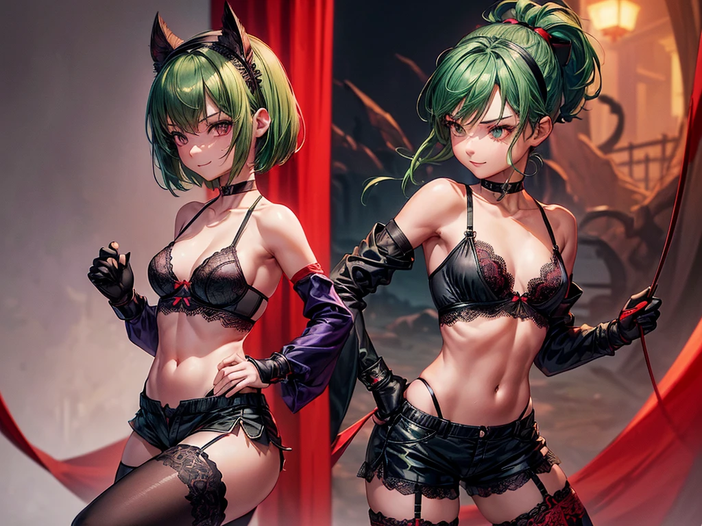 (((top-quality, masterpiece))), (best quality), (detailed), depict young ninja girl, determined, smiling, highly detailed beautiful face, delicate girl, delicate face, (((green hair))), short hair, (red headband), purple eyes, (((small breasts))), nice hips, flat belly, slim waist, define collarbone, ((black mask cover mouth)), (silk purple jacket), open belly, (((cute black lace bra))), black gloves, (((black sill shorts))), ((red rope around short)), ((red stocking)), cinematic shadow, extremely detailed and beautiful background, Japanese atmosphere, ninja atmosphere, she draws daggers
