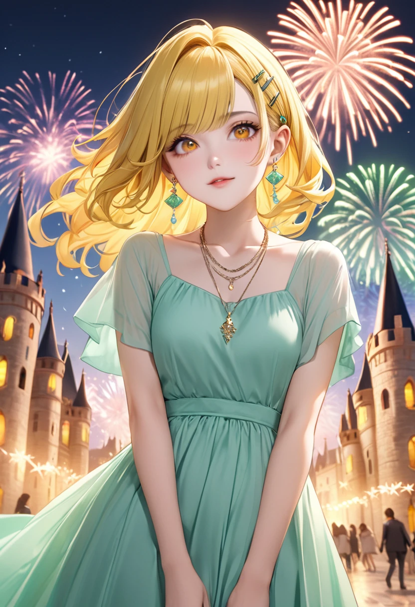 1 female　Short yellow hair　Yellow eyebrows　Orange eyes　society　Pastel green long dress　Castle and fireworks　Hair clip　Earrings and matching necklace　Hair tucked behind the ear