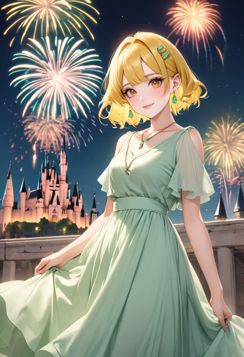 1 female　Short yellow hair　Yellow eyebrows　Orange eyes　society　Pastel green long dress　Castle and fireworks　Hair clip　Earrings and matching necklace　Hair tucked behind the ear