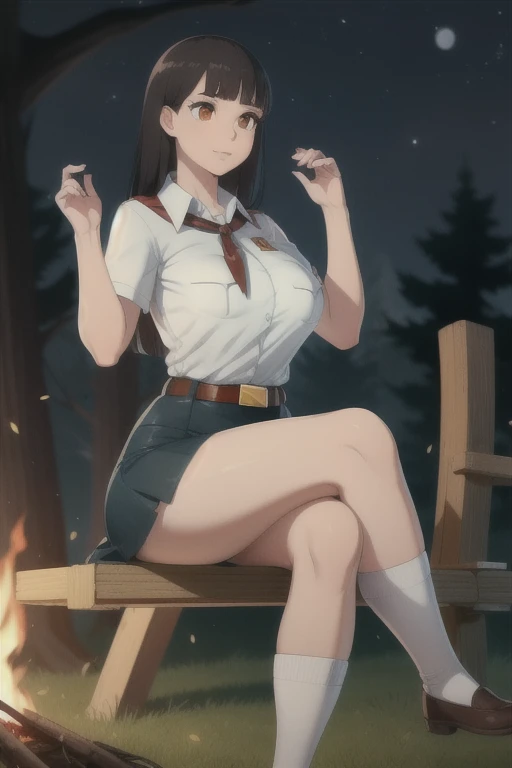 high quality, best quality, beautiful, perfect lighting, detailed face, ultra cute face, 1girl, solo, black hair, long hair, orange eyes, big breasts, large breats, huge breats, thick thighs, wind lift, outdoors, grass, field, forest, pioneer neckerchief, pioneer movement soviet pioneer, short skirt, blue skirt, bangs, shirt, collarbone, white shirt, short sleeves, collared shirt, belt, neckerchief, eyelashes, red neckerchief, pocket, breast pocket, night, forest, campfire, sitting, crossed legs