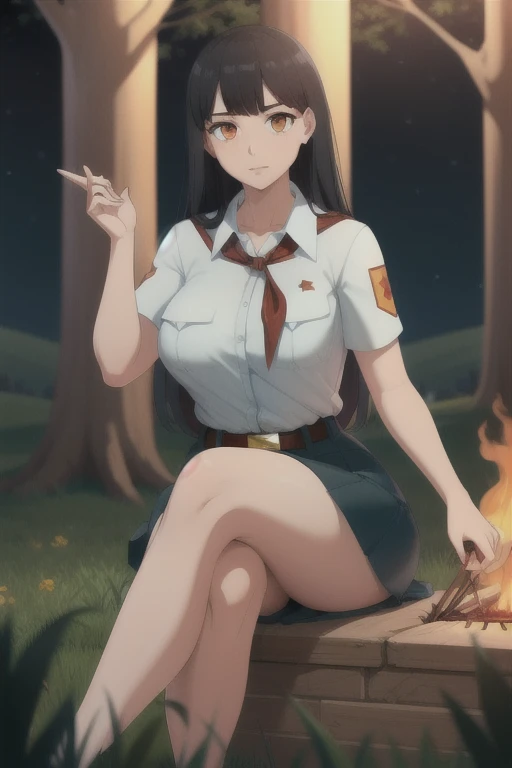 high quality, best quality, beautiful, perfect lighting, detailed face, ultra cute face, 1girl, solo, black hair, long hair, orange eyes, big breasts, large breats, huge breats, thick thighs, wind lift, outdoors, grass, field, forest, pioneer neckerchief, pioneer movement soviet pioneer, short skirt, blue skirt, bangs, shirt, collarbone, white shirt, short sleeves, collared shirt, belt, neckerchief, eyelashes, red neckerchief, pocket, breast pocket, night, forest, campfire, sitting, crossed legs