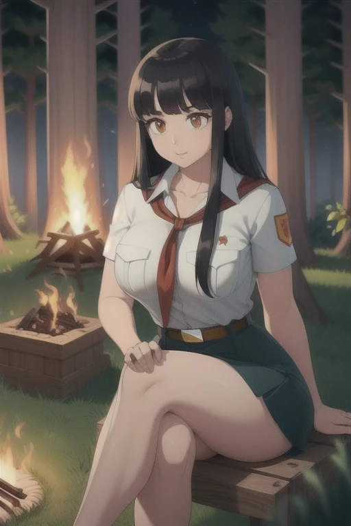 high quality, best quality, beautiful, perfect lighting, detailed face, ultra cute face, 1girl, solo, black hair, long hair, orange eyes, big breasts, large breats, huge breats, thick thighs, wind lift, outdoors, grass, field, forest, pioneer neckerchief, pioneer movement soviet pioneer, short skirt, blue skirt, bangs, shirt, collarbone, white shirt, short sleeves, collared shirt, belt, neckerchief, eyelashes, red neckerchief, pocket, breast pocket, night, forest, campfire, sitting, crossed legs