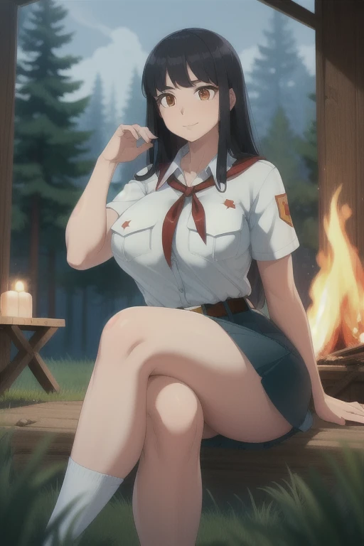 high quality, best quality, beautiful, perfect lighting, detailed face, ultra cute face, 1girl, solo, black hair, long hair, orange eyes, big breasts, large breats, huge breats, thick thighs, wind lift, outdoors, grass, field, forest, pioneer neckerchief, pioneer movement soviet pioneer, short skirt, blue skirt, bangs, shirt, collarbone, white shirt, short sleeves, collared shirt, belt, neckerchief, eyelashes, red neckerchief, pocket, breast pocket, night, forest, campfire, sitting, crossed legs