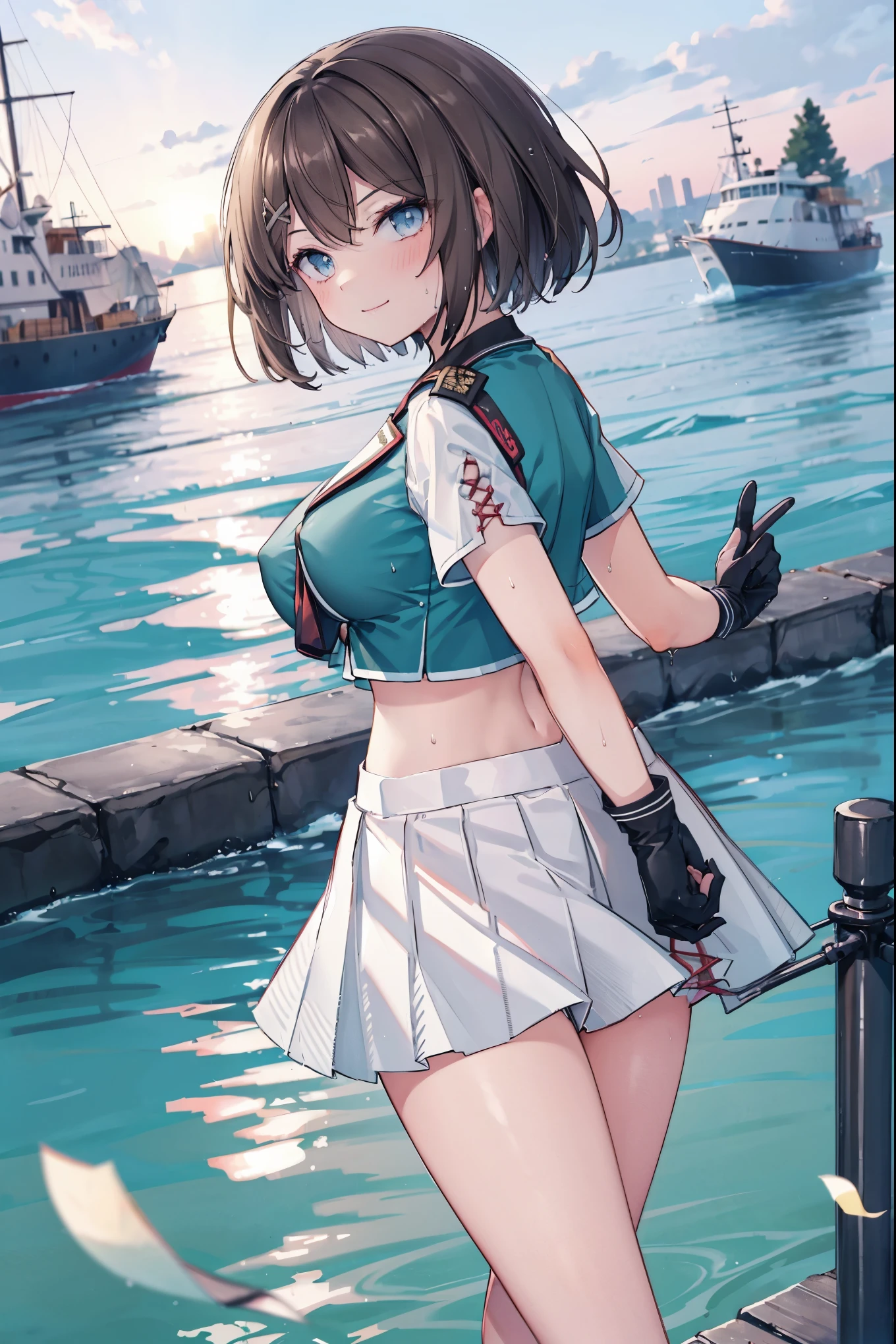 1young__ girl, , brown_hair, medium_bob_hair, blue_midriff_baring_sailor_uniform, mini_skirt, short_sleeve, thighs, gigantic_breasts, (angry:0.6), smile,nihil,standing, harbor_landscape_background, slightly_spread_Legs, happiness, short_gloves, wet,,covered_nipples, covered_crotch,happy,