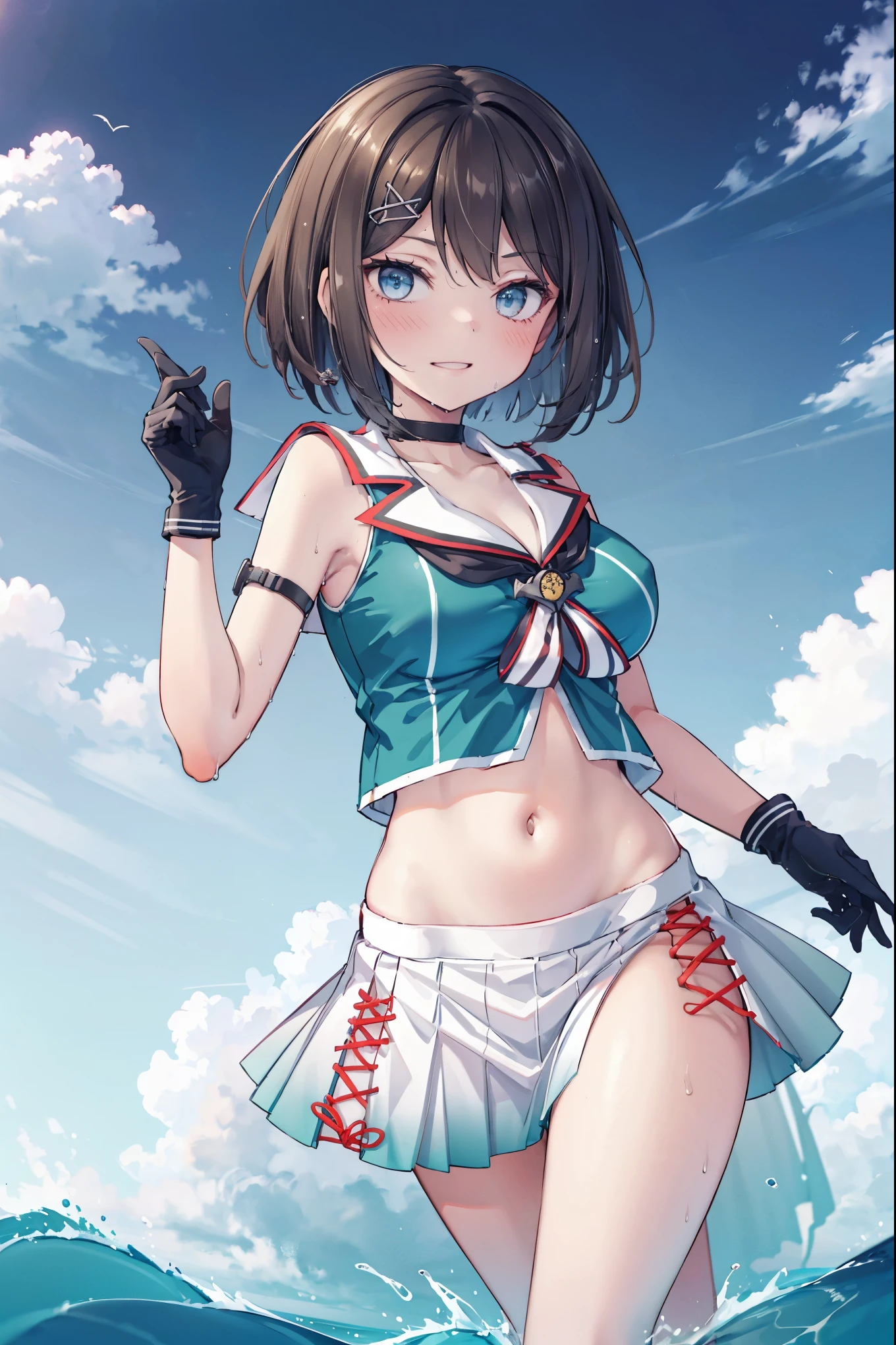 1young__ girl, , brown_hair, medium_bob_hair, blue_midriff_baring_sailor_uniform, mini_skirt, short_sleeve, thighs, gigantic_breasts, (angry:0.6), smile,nihil,standing, harbor_landscape_background, slightly_spread_Legs, happiness, short_gloves, wet,,covered_nipples, covered_crotch,happy,