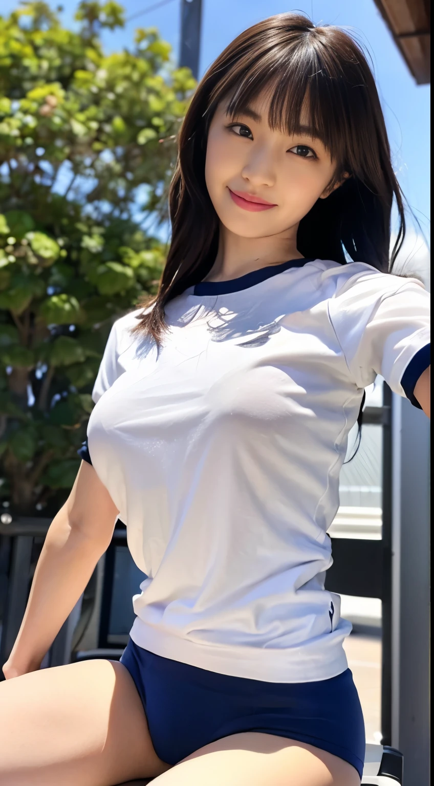 alone、high school girl、White skin、Natural Makeup、Black Hair、bangs、Straight Long Hair、(((White short-sleeved T-shirt on the upper body)))、(((Long white gym clothes)))、(((Very tight bloomerid rise bloomers)))、(((Navy Bloomers)))、(((Tuck the bottom of your gym clothes into your bloomers)))、Big Breasts、Big Ass、(((Schoolyard)))、(((Realistic fingers)))、(((Realistic style)))、((Perfect figure))、(((upright)))