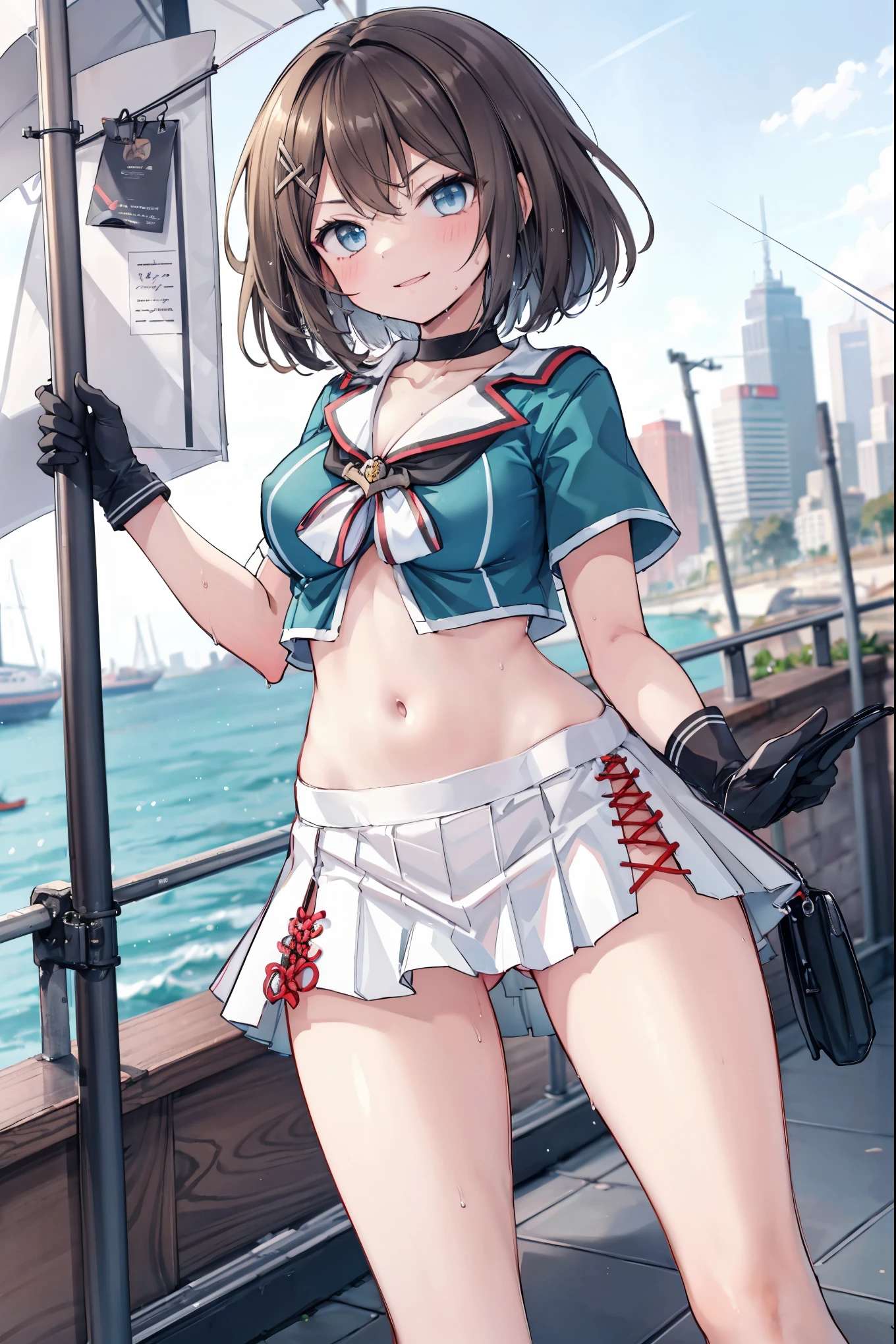 1young_teen_ girl, , brown_hair, medium_bob_hair, blue_midriff_baring_sailor_uniform, mini_skirt, short_sleeve, thighs, gigantic_breasts, (angry:0.6), smile,nihil,standing, harbor_landscape_background, slightly_spread_Legs, happiness, short_gloves, wet,,covered_nipples, covered_crotch,happy,