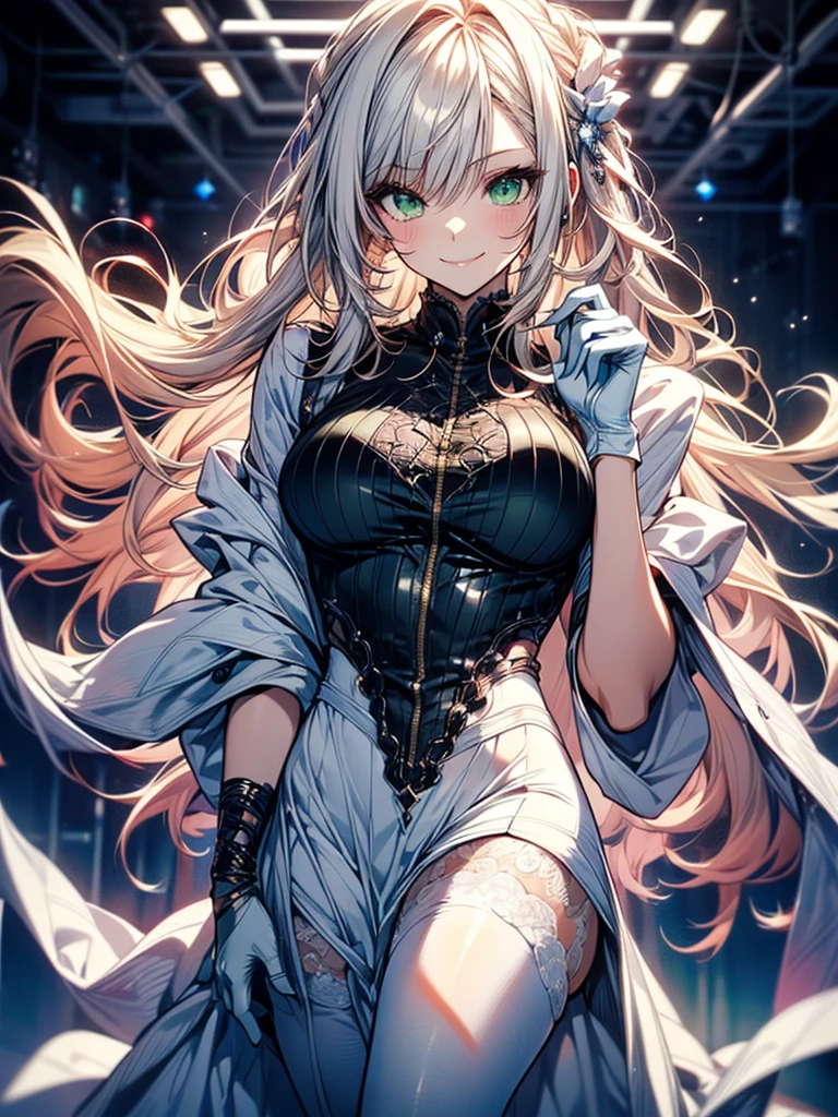 masterpiece, best quality, mature woman, long hair, white hair with green color inner, green eyes color, white gloves, anime, very_long_hair, perfect body, large_breasts, ultra-detailed, high quality, 1girl, 4k ,perfect hands, full body, great details, beautiful anime illustrations, 26 years old, white stockings, (((correct anatomy:1.5))), ((perfect hand:1.5, Ideal body proportions:1.37)), Good realistic skin:1.1, look at the audience:1.3, (Dynamic angle:1.3, Focus Target:1.3), (Many poses:0.0), (charming, Smile sexy too.:1.4), The picture in the middle:0.2, ((milf:1.5, alone:1.5)), wimple, goddes, saintess