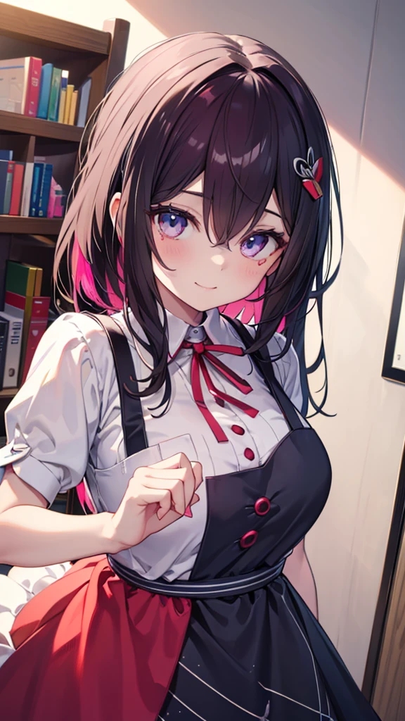 (best quality:1.2), (ultra detailed:1.2),(masterpiece:1.2),(8k:1.2),(Blessed,Captivating body、Ultra detailed hands、Ultra-detailed eyes、Ultra-detailed skin、ultra-detailed face,Detailed Background),One Girl、azki_(hololive) , 1girl, 独奏, multicolored hair, pink hair, purple eyes, black hair, dress, hair between eyes, teacher, pink apron, kindergarten:1.3),large breasts,(in the kids room:1.2), children’s toy, in the daytime,gentle smile