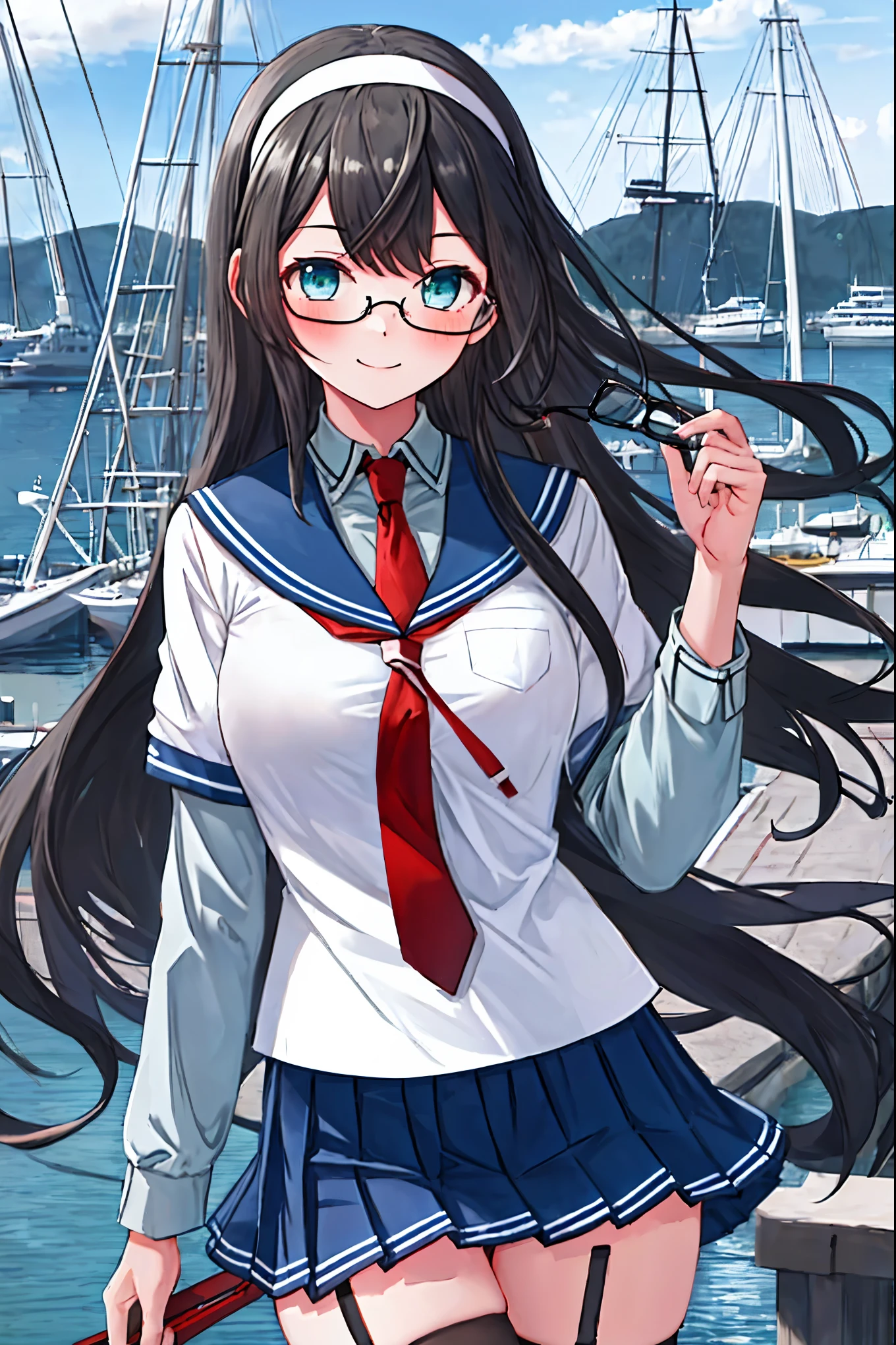 best quality, masterpiece, highres, solo, {ooyodo_kantaicollection:1.15}, black_hair, long_hair, glasses, hairband, semi-rimless_eyewear, under-rim_eyewear, blue_eyes, green_eyes, blush,small_breasts, 1girl, school_uniform, serafuku, pleats_skirt, looking_at_viewer, necktie, harbor_town_background, red_necktie,(angry:0.7),smile,,thigh-highs,solo