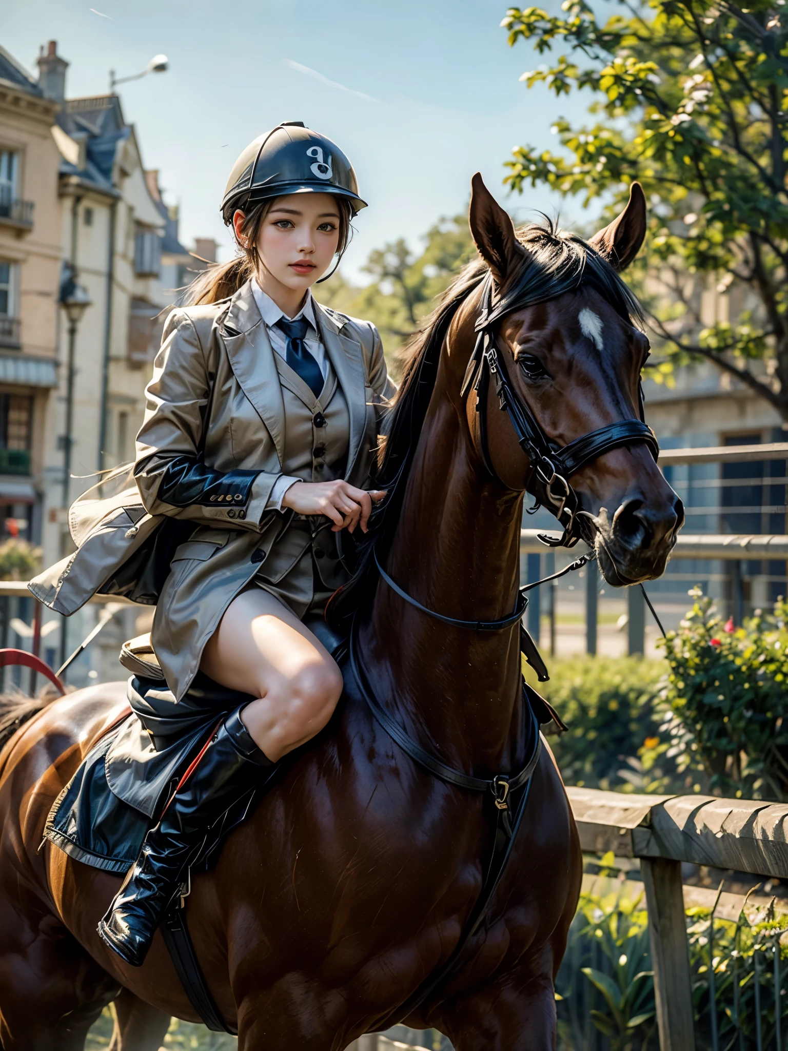 (8k, Highest quality, masterpiece)，{Realistic, RAW Photos, Super Fine Clear, Portraiture, (Influenced by impressionist paintings:1.6)}, Equestrian competitions, Female Jockey, Black tailcoat, riding helmet, Leather boots