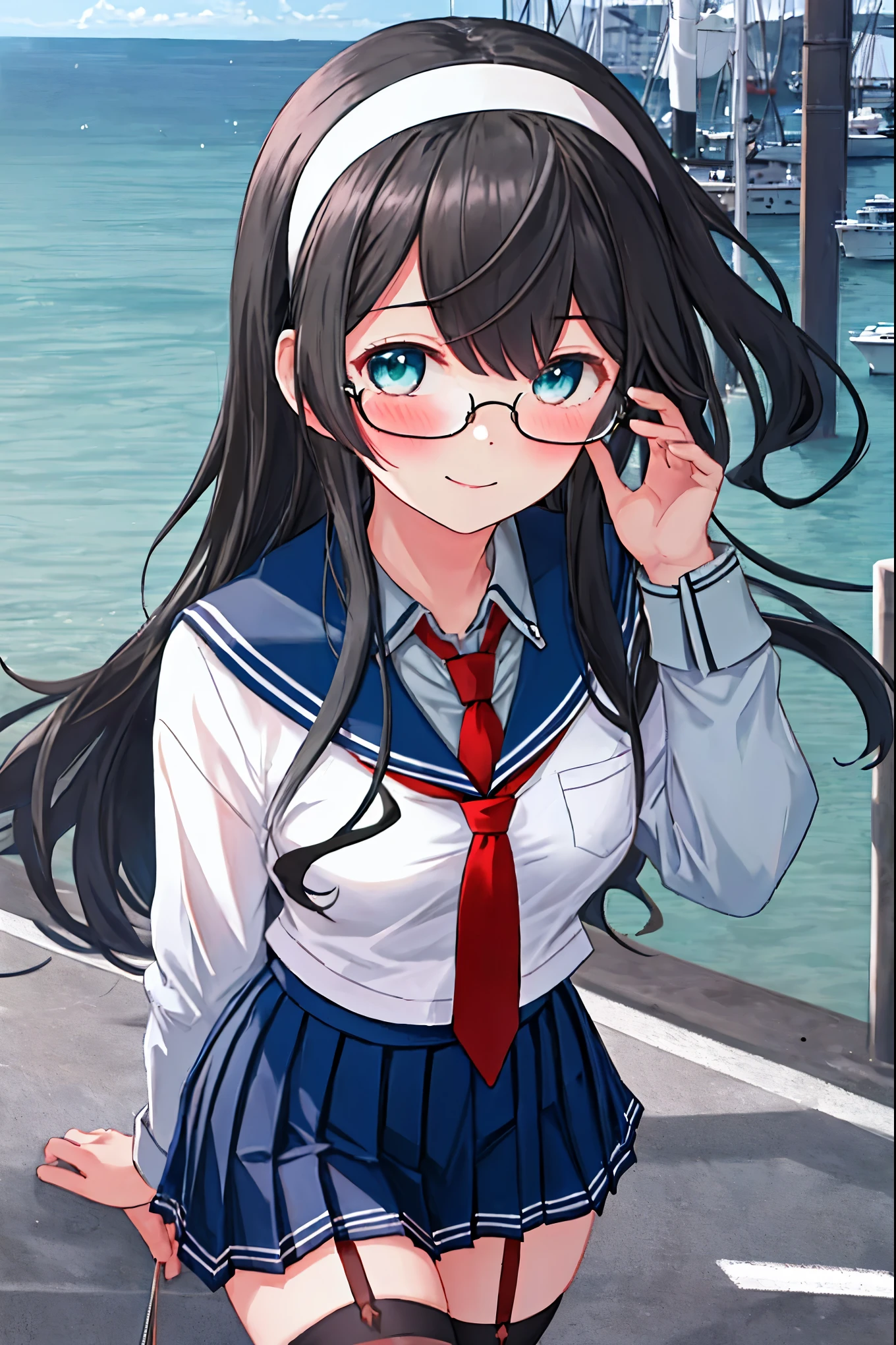 best quality, masterpiece, highres, solo, {ooyodo_kantaicollection:1.15}, black_hair, long_hair, glasses, hairband, semi-rimless_eyewear, under-rim_eyewear, blue_eyes, green_eyes, blush,small_breasts, 1girl, school_uniform, serafuku, pleats_skirt, looking_at_viewer, necktie, harbor_town_background, red_necktie,(angry:0.7),smile,,thigh-highs,solo