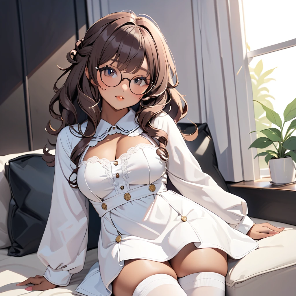One girl, pretty girl, In detail, (Highest quality), (Intricate details), Cute Style, Tanned dark skin, , ((Black ringlet curly hair)), Highest quality, ((Short length fluffy long sleeve dress)), Thick thighs, Wear glasses, ((White Dress)), ((White thigh-high socks)), ((Round eyes)), Beautiful Face, Cute Face, whole body