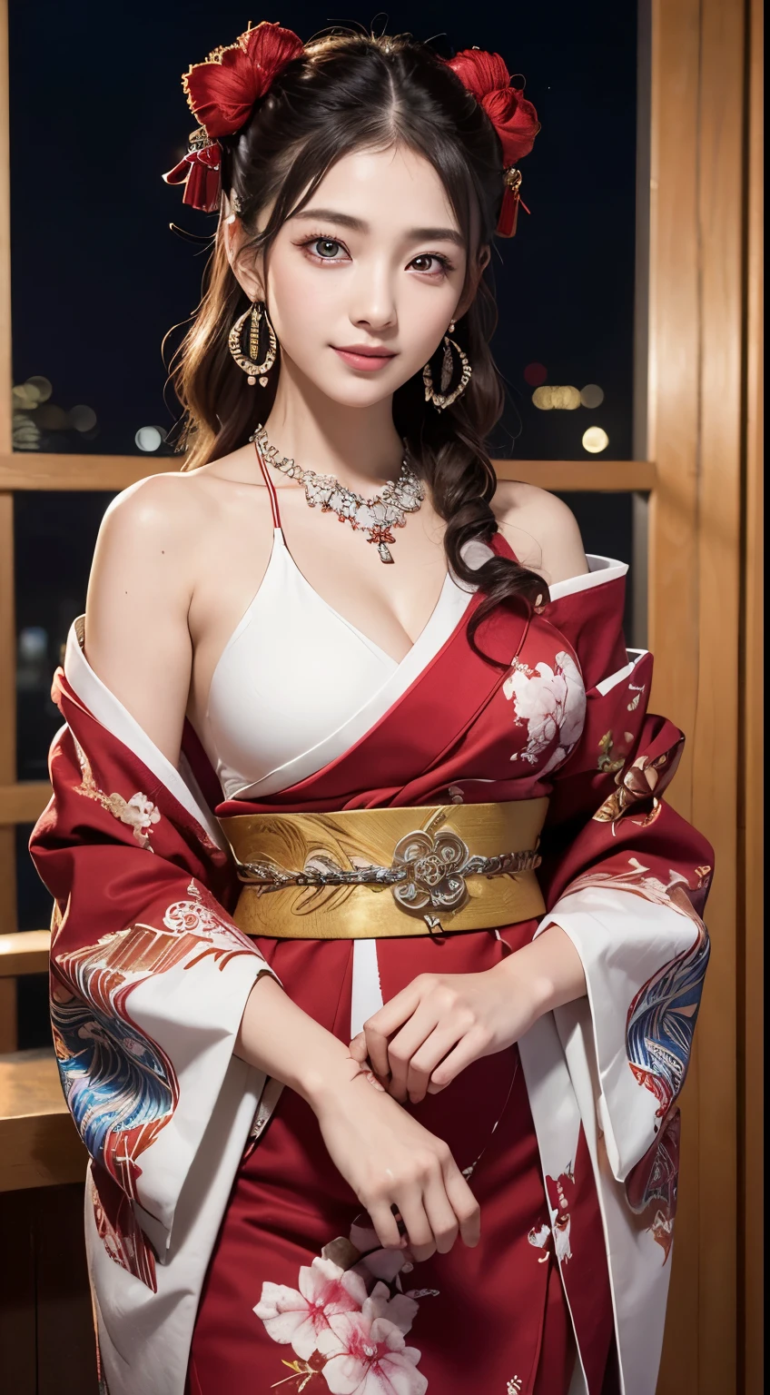 8K Ultra HD, Digital SLR,Film Grain, Fujifilm XT3,(Highest quality:1.3), (masterpiece:1.1), High resolution, Cinematic Light, Intricate details, (Realistic) (Night view) Realistic backlight、ドラマチックなredトーンの光、Beautiful Japanese Geisha full body photo, ((Facial texture Pore details)), Grin、悪魔のようなsmile, Simple messy hairstyle, 伝統的な龍のモチーフが描かれたサテンの黒いkimonoを着て, Open shoulders, Colorful dragon tattoos all over the body, Long blade, Inside a traditional villa,White-hilted Japanese sword, 8k, Front blur,Ultra HD, Digital SLR,Film Grain, Fujifilm(8k, Highest quality, masterpiece:1,2), (Realistic, Realistic:1.37), Very detailed, One Girl,), (Very detailed), (Detailed and beautiful eyes), (Highest qualityの), (Very detailed ), (masterpiece), (Detailed face),woman((19 years old)), hair((red, Wavy, length)), eye ((red eye, big eye)), Clothes((kimono，big slit, redい花柄)), accessories ((Earrings, necklace)), Huge breasts, big , smile, background,長いhair，Red Clothes，Cowboy Shot