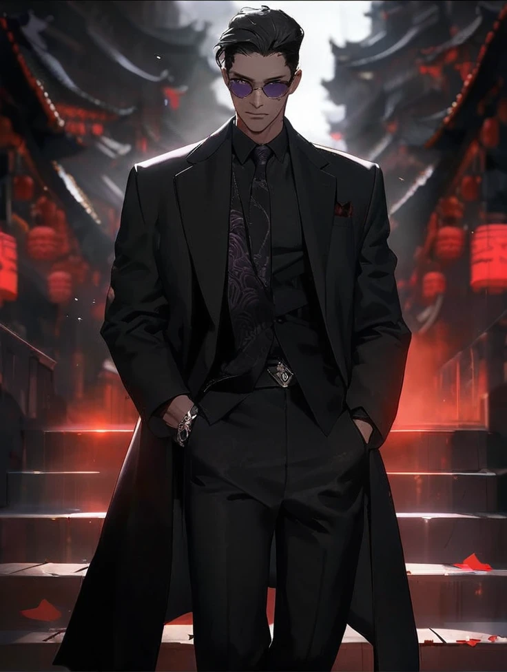 A demon lord wearing a black long coat, black shirny hair, white shirt, black pants, black boots, with a dark purple aura, dark purple glowing eyes, wearing a black bracelet, in a foggy valley,full body. UHD, masterpiece, accurate, anatomically correct, textured skin, super detail, high quality, best quality, 8k, high resolution, bokeh effect. (solo ninja)
