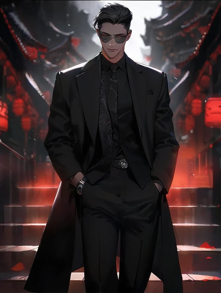 A demon lord wearing a black long coat, black shirny hair, white shirt, black pants, black boots, with a dark purple aura, dark purple glowing eyes, wearing a black bracelet, in a foggy valley,full body. UHD, masterpiece, accurate, anatomically correct, textured skin, super detail, high quality, best quality, 8k, high resolution, bokeh effect. (solo ninja)