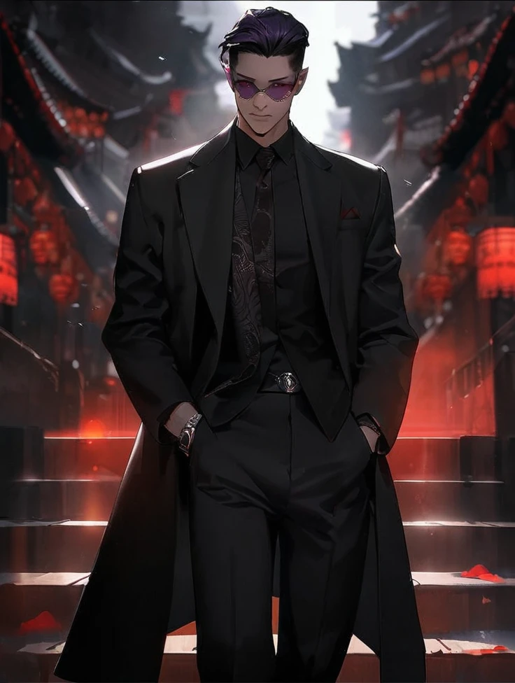 A demon lord wearing a black long coat, black shirny hair, white shirt, black pants, black boots, with a dark purple aura, dark purple glowing eyes, wearing a black bracelet, in a foggy valley,full body. UHD, masterpiece, accurate, anatomically correct, textured skin, super detail, high quality, best quality, 8k, high resolution, bokeh effect. (solo ninja)