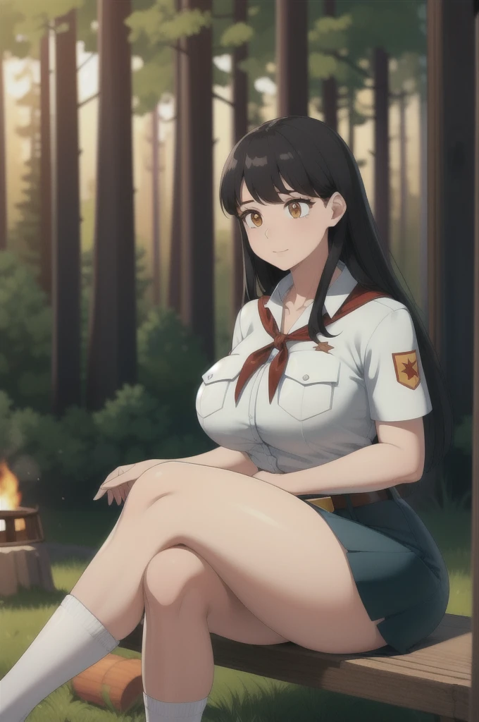 high quality, best quality, beautiful, perfect lighting, detailed face, ultra cute face, 1girl, solo, black hair, long hair, orange eyes, big breasts, large breats, huge breats, thick thighs, wind lift, outdoors, grass, field, forest, pioneer neckerchief, pioneer movement soviet pioneer, short skirt, blue skirt, bangs, shirt, collarbone, white shirt, short sleeves, collared shirt, belt, neckerchief, eyelashes, red neckerchief, pocket, breast pocket, night, forest, campfire, sitting, crossed legs