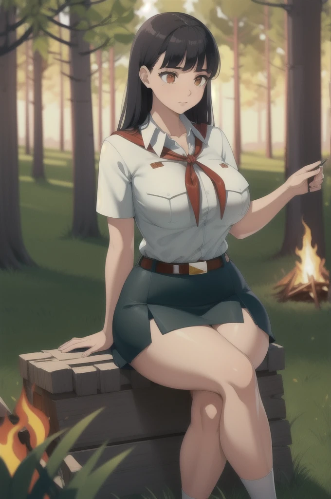 high quality, best quality, beautiful, perfect lighting, detailed face, ultra cute face, 1girl, solo, black hair, long hair, orange eyes, big breasts, large breats, huge breats, thick thighs, wind lift, outdoors, grass, field, forest, pioneer neckerchief, pioneer movement soviet pioneer, short skirt, blue skirt, bangs, shirt, collarbone, white shirt, short sleeves, collared shirt, belt, neckerchief, eyelashes, red neckerchief, pocket, breast pocket, night, forest, campfire, sitting, crossed legs