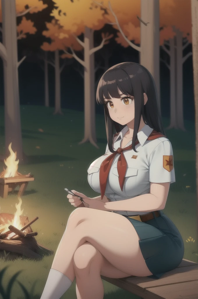 high quality, best quality, beautiful, perfect lighting, detailed face, ultra cute face, 1girl, solo, black hair, long hair, orange eyes, big breasts, large breats, huge breats, thick thighs, wind lift, outdoors, grass, field, forest, pioneer neckerchief, pioneer movement soviet pioneer, short skirt, blue skirt, bangs, shirt, collarbone, white shirt, short sleeves, collared shirt, belt, neckerchief, eyelashes, red neckerchief, pocket, breast pocket, night, forest, campfire, sitting, crossed legs