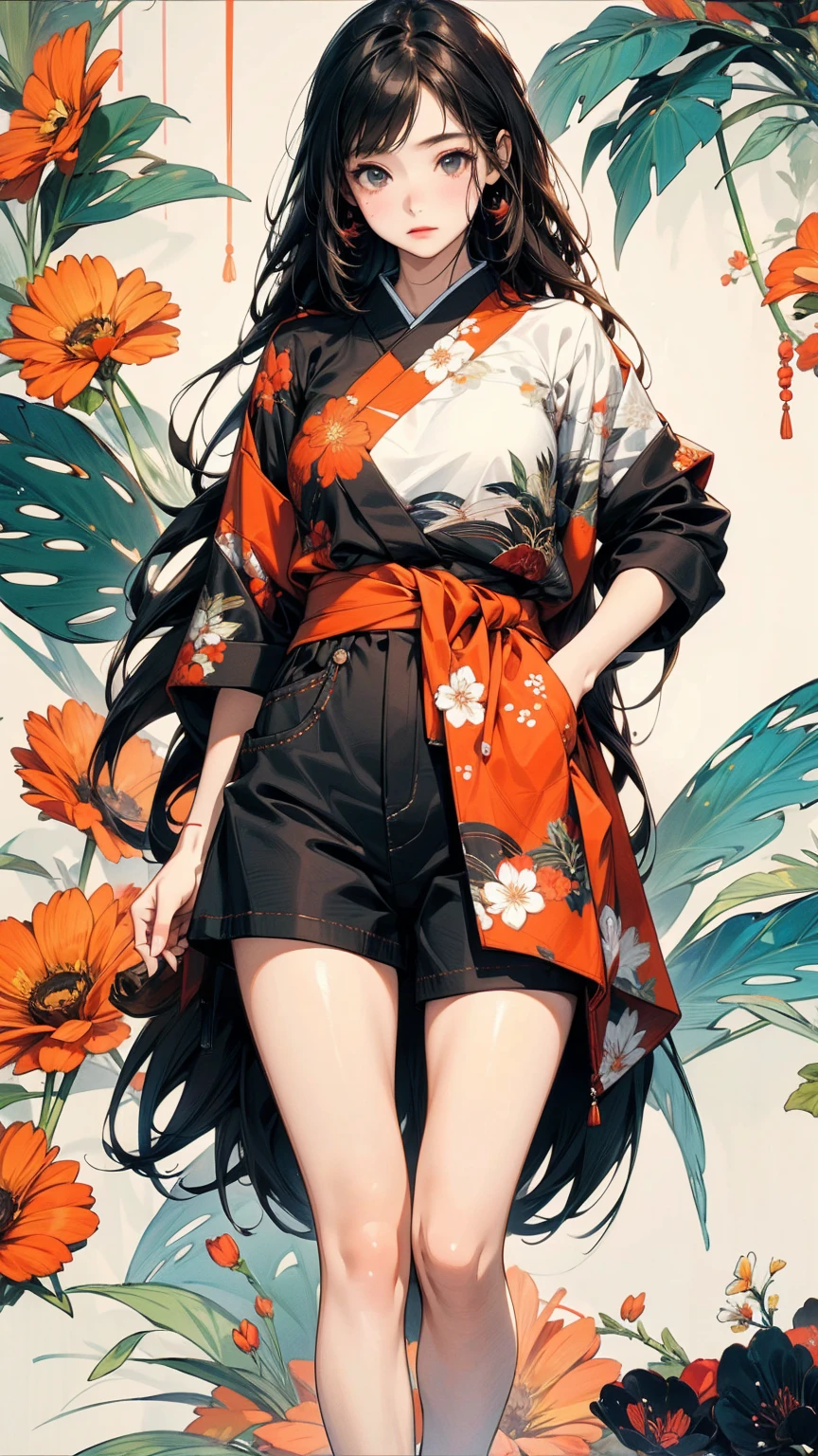 (masterpiece, High resolution, Highest quality), 20-year-old woman, Standing at an angle with hands in pockets:1.3, Coordination of Japanese patterned haori and micro mini shorts:1.2, Petal Collage, abstract design, artistic juxtapositions, And handle background, warm color, mixed-media approach, Anime Style, Simple lines, Digital Painting,