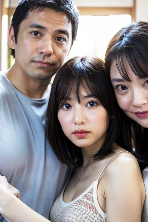 Threesome with beautiful and cute Japanese 35 year old woman staring at one middle aged man&#39;s penis with tongue out、Group Sexしている、They are neat and tidy students.、They lick each other&#39;s bodies、Disorderly entangled、On the bed、Mr.々Hairstyle、Crouch down、Lying down、Embrace each other、Sticking out tongue、Stylish bedroom、Group Sex