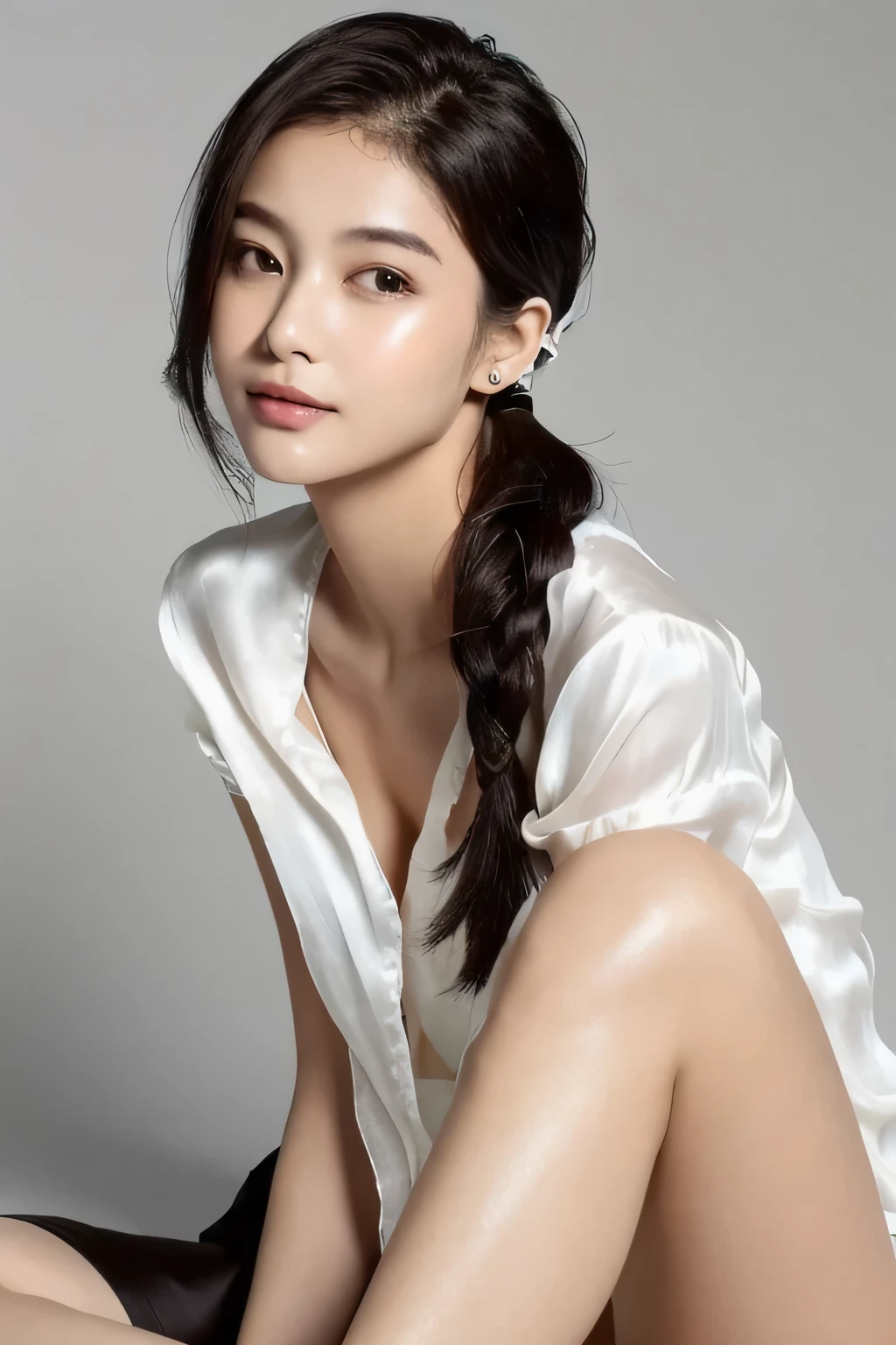 ((Highest quality, 8k, masterpiece: 1.3)), sharp: 1.2, Perfect Body Beauty: 1.6, ((Layered Hairstyles, Small breasts: 1.0)), bed, ((Small face)), (((ponytail))), ((necklace)), Earrings, ring, Bracelet, Hair Accessories, (You can see the cleavage well), ((No bra)), ((Beautiful woman)), ((Straight nose)), (Eyeliner), Armpit Hair, Bristles, ((Beautiful Skin)), Feminine curvaceous figure, (((Sitting with legs together))), Wavy Hair, Beautiful attention to detail, Super detailed, Highly detailed face and skin texture, fine grain, double eyelid, Black Hair, Big Ass, Lower Body, Thighs, (((Skinny))), Wet and shiny lips, smile, Blushing, Get a grip on your body, ((Anatomically correct human body)), ((Crisp body shape)), Ribs, clavicle, Protruding skeleton, Raised hair, A face without nasolabial folds, (((Silk Shirt))), (((Very short miniskirt)))