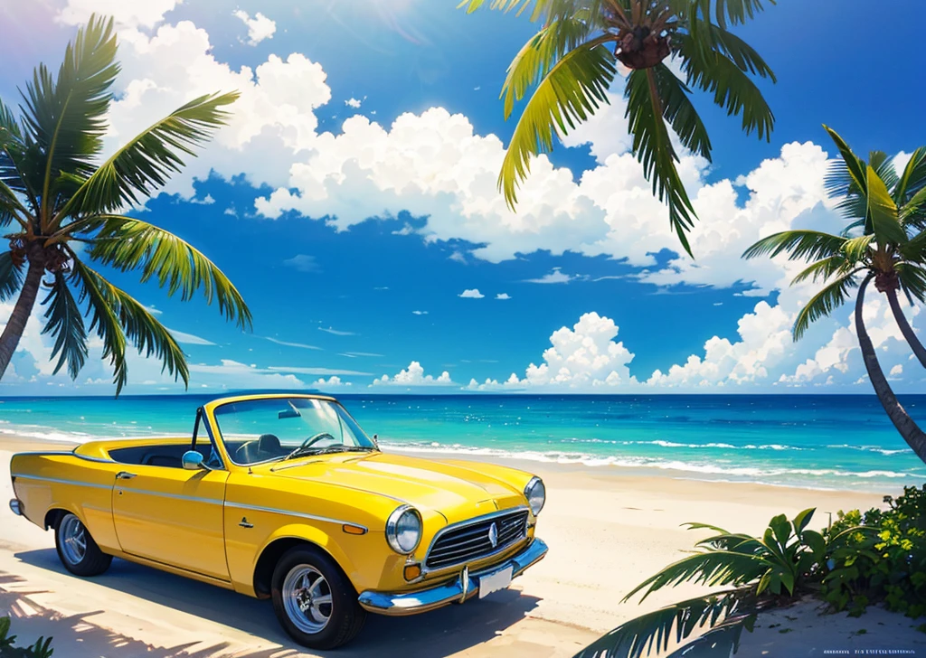 Under the refreshing summer sky, the blue sea and white sandy beach stretch out as far as the eye can see. A round yellow vintage car is parked near the beach, and palm trees are growing nearby. The yellow old car is parked on the side.