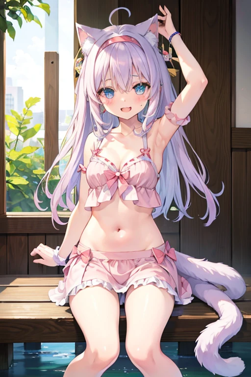 anklet,hairband,fang,soaked,yukata,cleavage,masterpiece, best quality, kawaii, ahoge, beautiful detailed eyes, aqua eyes, eyeball, cat_ears, medium breasts, bare legs, no legwear, wristband, loli, light blush, student, excited, seductive smile, nose blush , open mouth, on_stomach, armpits, leg_lift, tail