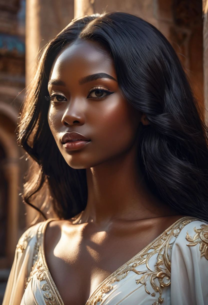Novel in futurist Africa, a beautiful young darkskin couple with (((a long black hair young albinosprincess1.7))) with (((a young imperial prince with long blackhair:1.7))), with desire, hot couple, (((very beautiful))), perfect faces, whole body, romantic scene, romantic Way, sexy couple, 8K, extremely detailed, (high quality, realistic, photorealistic: 1.37), Full body, ideal proportions and defined complexion, meticulously crafted features, unreachable beauty, perfection, artistic masterpieces, vivid realism, hyper-detailed sculptures, life-like forms, truly awe-inspiring, impeccable craftsmanship, pure radiance, ethereal beauty, delicate contours, striking poses, sublime beauty, subtle nuances, dynamic compositions, vibrant colors, perfect lighting, soulful expressions, celestial aura, majestic presence, dreamlike atmosphere, unmatched gdetailed octane render trending on artstation, 8 k artistic photography, photorealistic concept art, soft natural volumetric cinematic perfect light, chiaroscuro, award - winning photograph, masterpiece, oil on canvas, beautiful detailed intricate insanely