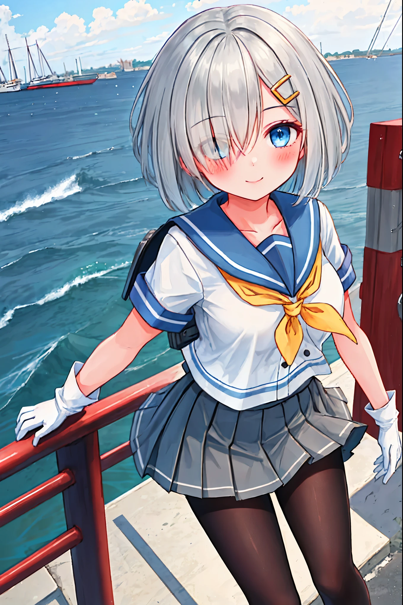 best quality, masterpiece, highres, solo, {hamakaze_kantaicollection:0.90}, 1girl, black_pantyhose, pleated_skirt, serafuku, short_sleeves, simple_background, white_background, yellow_neckerchief, white_gloves, looking_at_viewer, grey_skirt, blush, eyes_visible_through_hair, blue_sailor_collar, dynamic_posing,long_bangs,hair_over_one_eye,harbor_school_landscape_background,outdoor,smile,