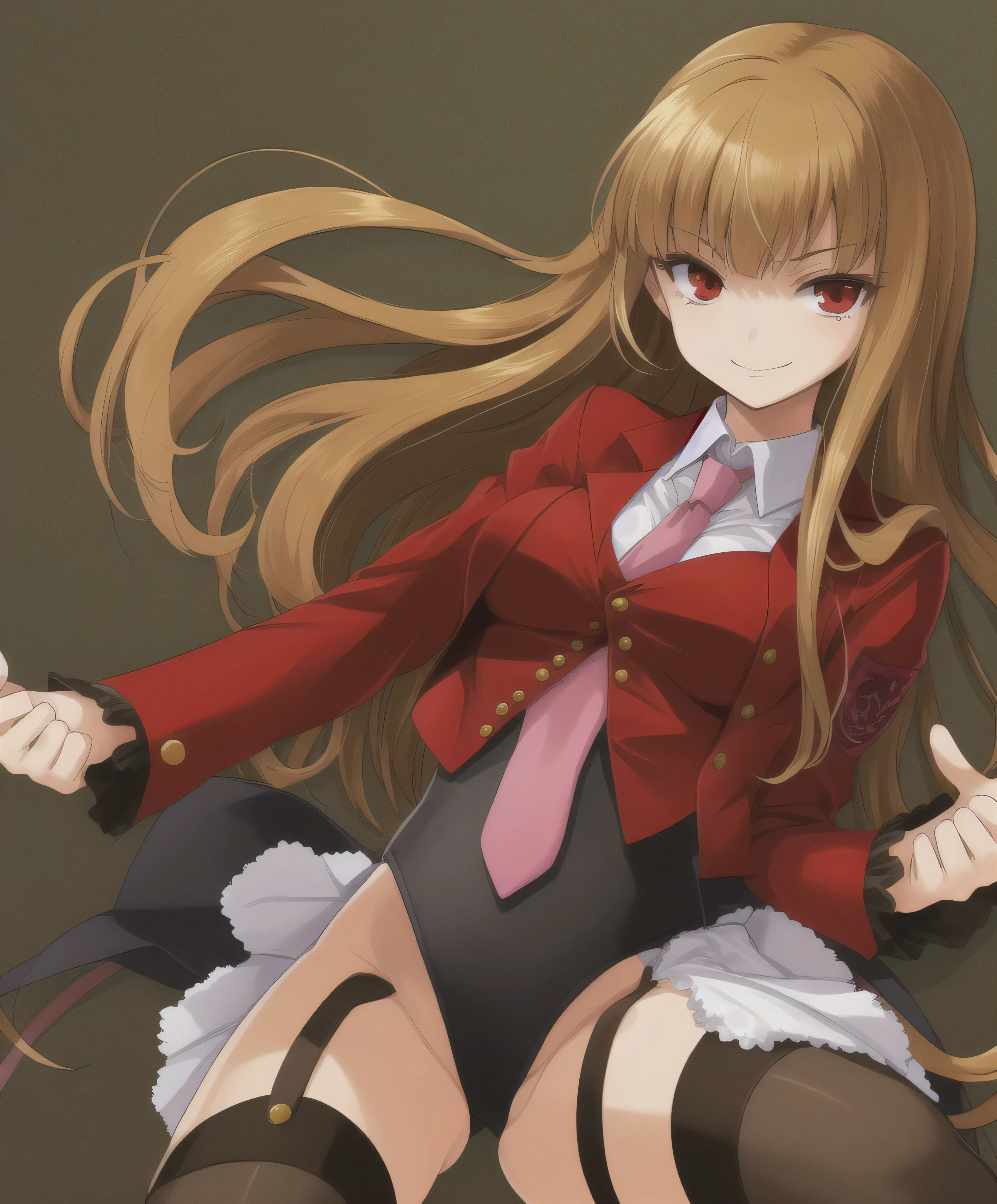 mammon \(umineko\), light brown hair, long hair, straight hair, red eyes, stakes of purgatory, 1girl, solo, red jacket, cropped jacket, white shirt, undershirt, collared shirt, frilled leotard, showgirl skirt, garter straps, black thighhighs, (((umineko no naku koro ni)))   sadistic smile,deep shaded face,,smile worst,worst ridecule,evil moukery,,,two hands,five fingers,black background,A face full of evil,Too evil ridicule,black hair,solo,