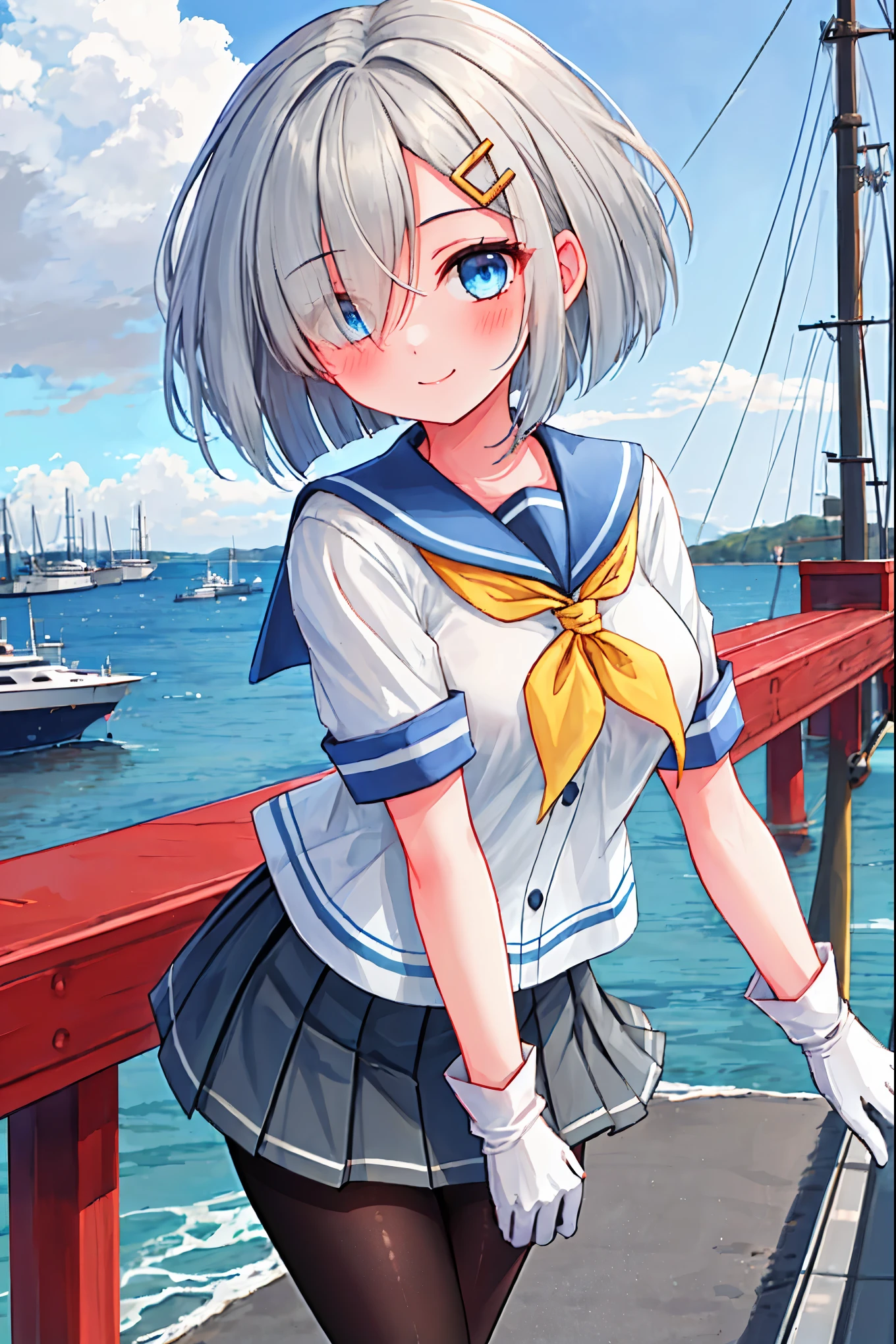 best quality, masterpiece, highres, solo, {hamakaze_kantaicollection:0.90}, 1girl, black_pantyhose, pleated_skirt, serafuku, short_sleeves, simple_background, white_background, yellow_neckerchief, white_gloves, looking_at_viewer, grey_skirt, blush, eyes_visible_through_hair, blue_sailor_collar, dynamic_posing,long_bangs,hair_over_one_eye,harbor_school_landscape_background,outdoor,smile,