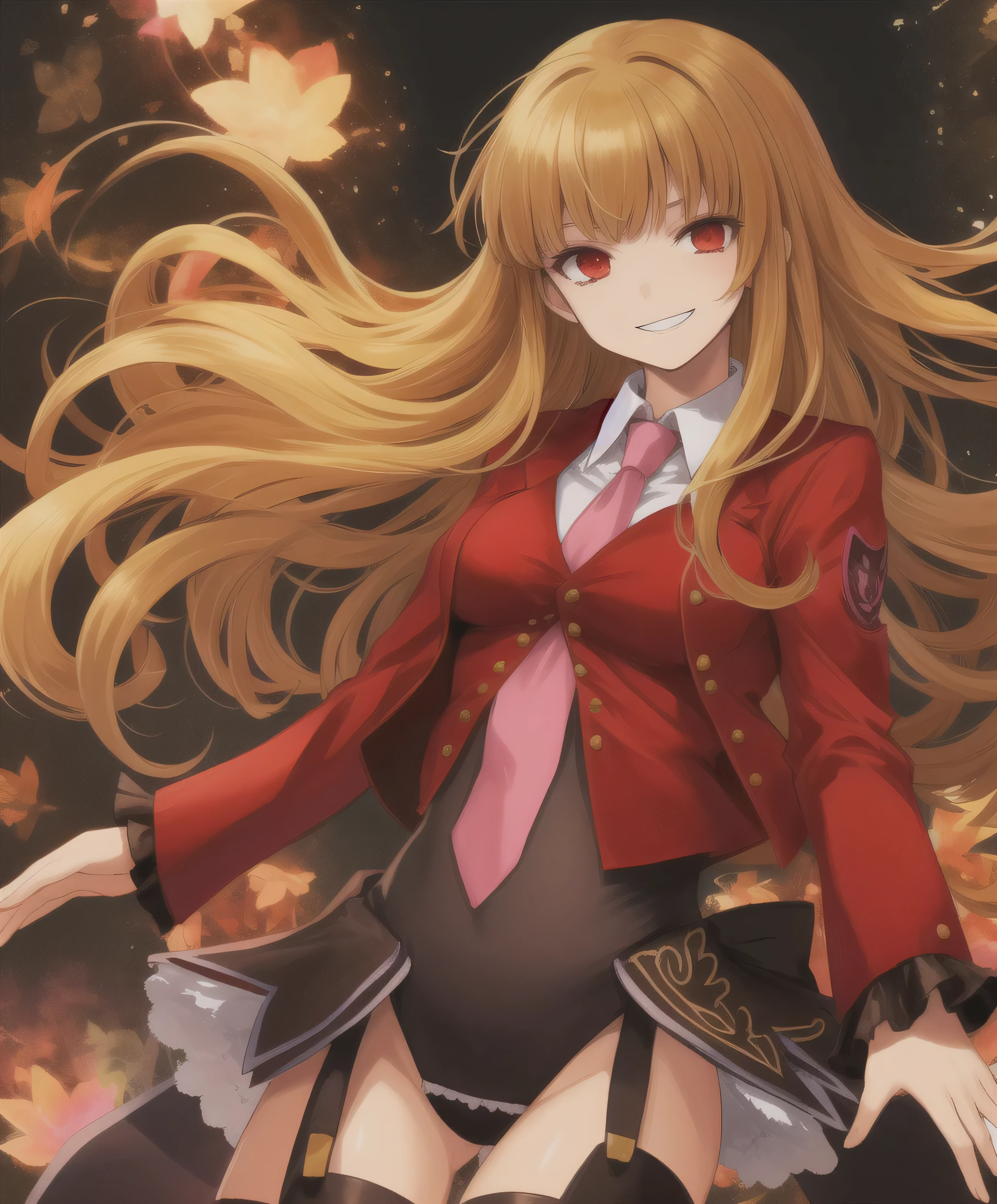 mammon \(umineko\), light brown hair, long hair, straight hair, red eyes, stakes of purgatory, 1girl, solo, red jacket, cropped jacket, white shirt, undershirt, collared shirt, frilled leotard, showgirl skirt, garter straps, black thighhighs, (((umineko no naku koro ni)))   sadistic smile,deep shaded face,,smile worst,worst ridecule,evil moukery,,,two hands,five fingers,black background,A face full of evil,Too evil ridicule,black hair,solo,