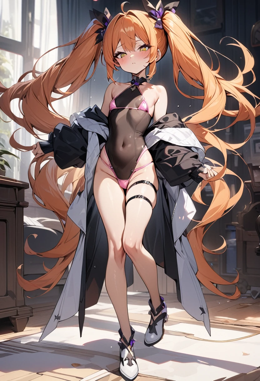 Masterpiece, highest quality, ultra-definition, beautiful definition, one girl, solo, 25-year-old woman, full body, bewitching face, pink micro bikini, orange hair, ((big twintails)), small breasts ,