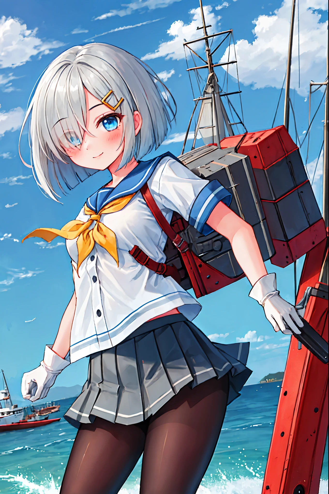 best quality, masterpiece, highres, solo, {hamakaze_kantaicollection:0.90}, 1girl, black_pantyhose, pleated_skirt, serafuku, short_sleeves, simple_background, white_background, yellow_neckerchief, white_gloves, looking_at_viewer, grey_skirt, blush, eyes_visible_through_hair, blue_sailor_collar, dynamic_posing,long_bangs,hair_over_one_eye,harbor_school_landscape_background,outdoor,smile,