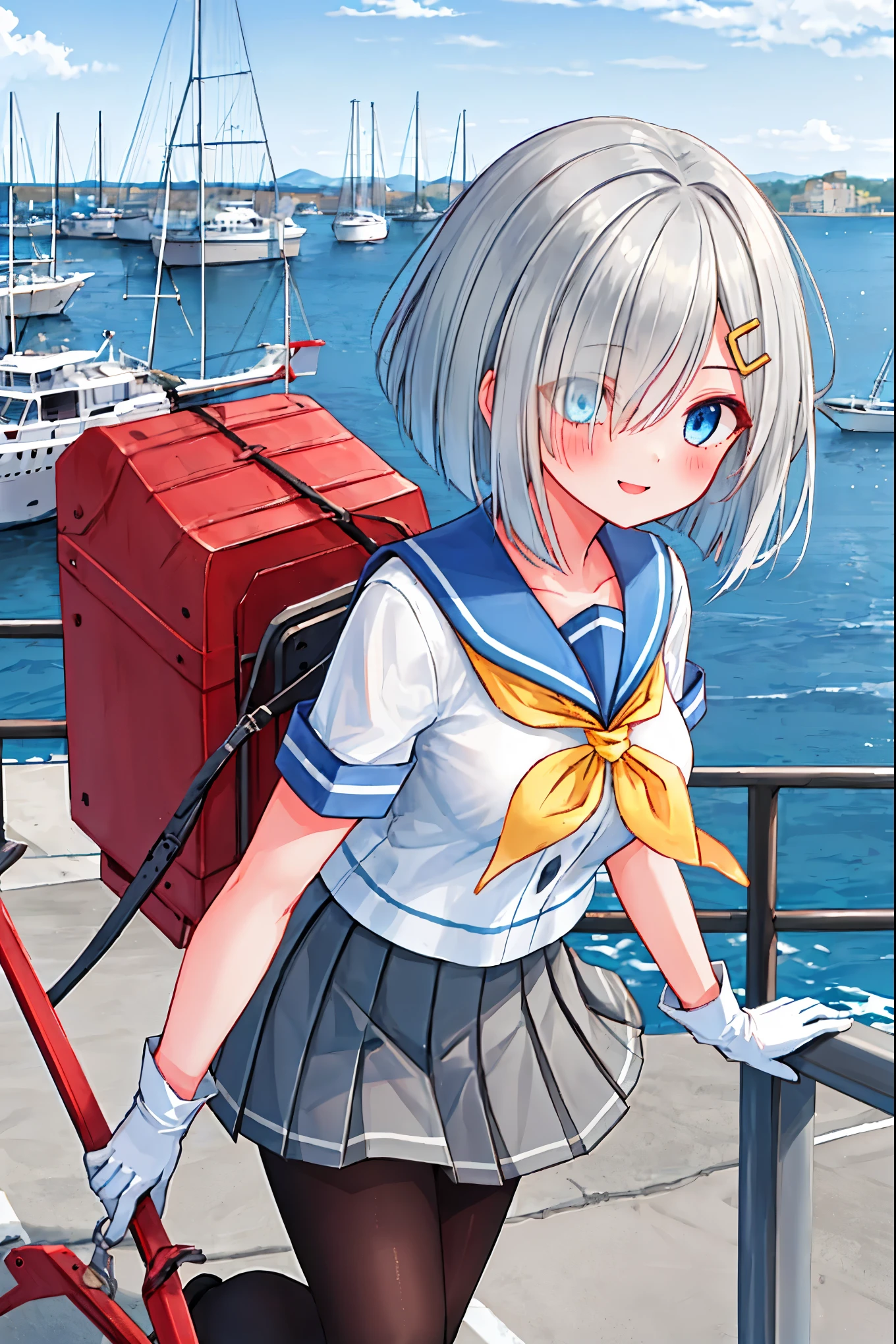 best quality, masterpiece, highres, solo, {hamakaze_kantaicollection:0.90}, 1girl, black_pantyhose, pleated_skirt, serafuku, short_sleeves, simple_background, white_background, yellow_neckerchief, white_gloves, looking_at_viewer, grey_skirt, blush, eyes_visible_through_hair, blue_sailor_collar, dynamic_posing,long_bangs,hair_over_one_eye,harbor_school_landscape_background,outdoor,smile,