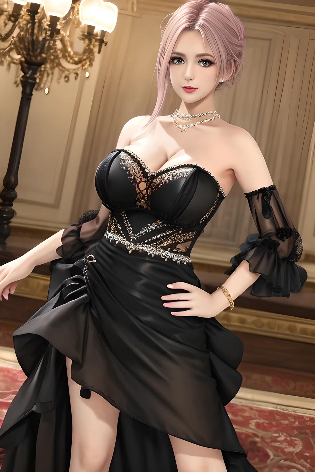 1girl is wearing an elegant black strapless dress. The dress is beautifully designed with ruching on the bodice and a cascading ruffled asymmetrical hem, adding a playful and chic touch to the outfit. The person is standing upright, with one hand gently touching their leg and the other hand relaxed by their side. The background is plain and neutral, drawing attention to the dress itself. The lighting is soft, highlighting the details of the dress and creating a fashionable and stylish atmosphere,, huge breasts, elise