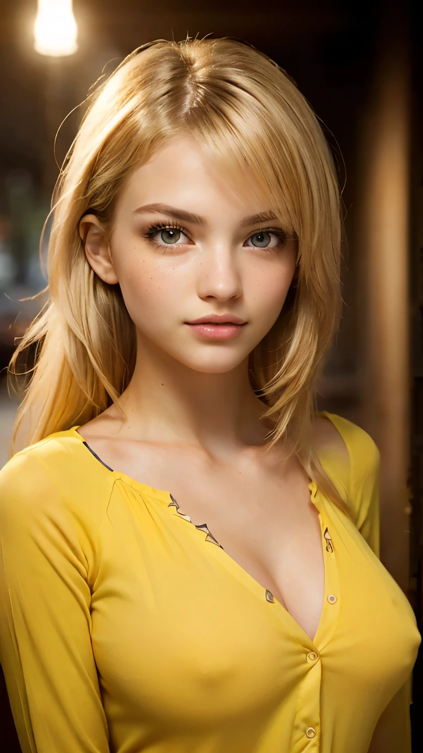 (best quality, 4k, highres, highres face details), Irish girl rs old, 1girl, solo, strawberry blonde hair, back length hair, parted bangs, grey eyes, constricted pupils, slim build, (textured skin, skin pores:1.1), large breasts, pale skin, colorful makeup, perfect nose, thin lips, fake lashes, pretty face, cute face, wearing a yellow flannel shirt, cinematic lighting, Ultra-Wide Angle, Canon, Hyperrealism, UHD, masterpiece, textured skin, realistic water texture, high details, best quality, detailed eyes, detailed iris, whole body photo, posing for the camera