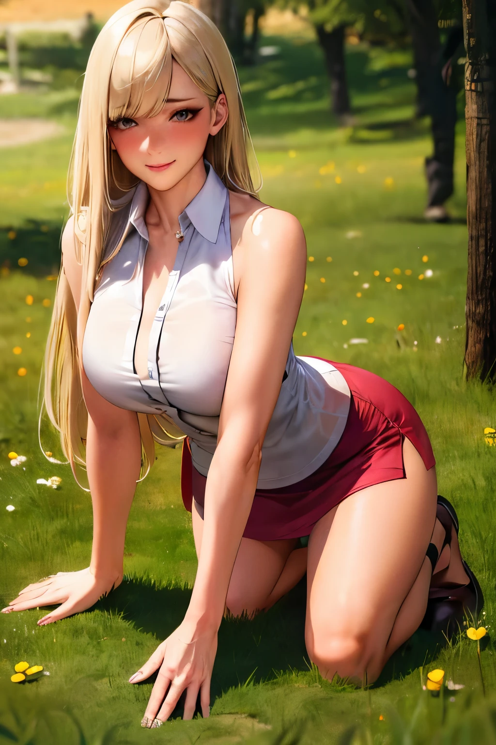 Top Definition, Masterpiece, 4K, High Definition, One mature adult woman, one big dog, woman has platinum blonde, straight hair, one length. Slit eyes, sharp gaze, model-like beauty, perfect proportions. Sleeveless shirt, tight mini skirt.
. The woman is flushed red and has a shy smile on her face.(A woman is on all fours in a grassy meadow. A large dog is clinging to the woman's back.)A complete body. Full hands and legs.
(The woman has a blush on her cheeks and a shy smile on her face.
(Very short skirt).
(Very short skirt).