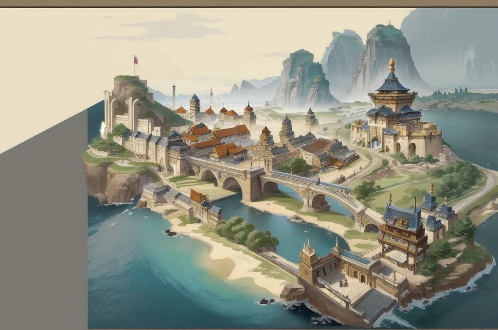 Concept Art, A top-down view, Game scene, Miniature Map，European Castle，street，carriage，cliff，suspension bridge，European Town，river，rock, ancient East Asian architecture, valley，miniature maps