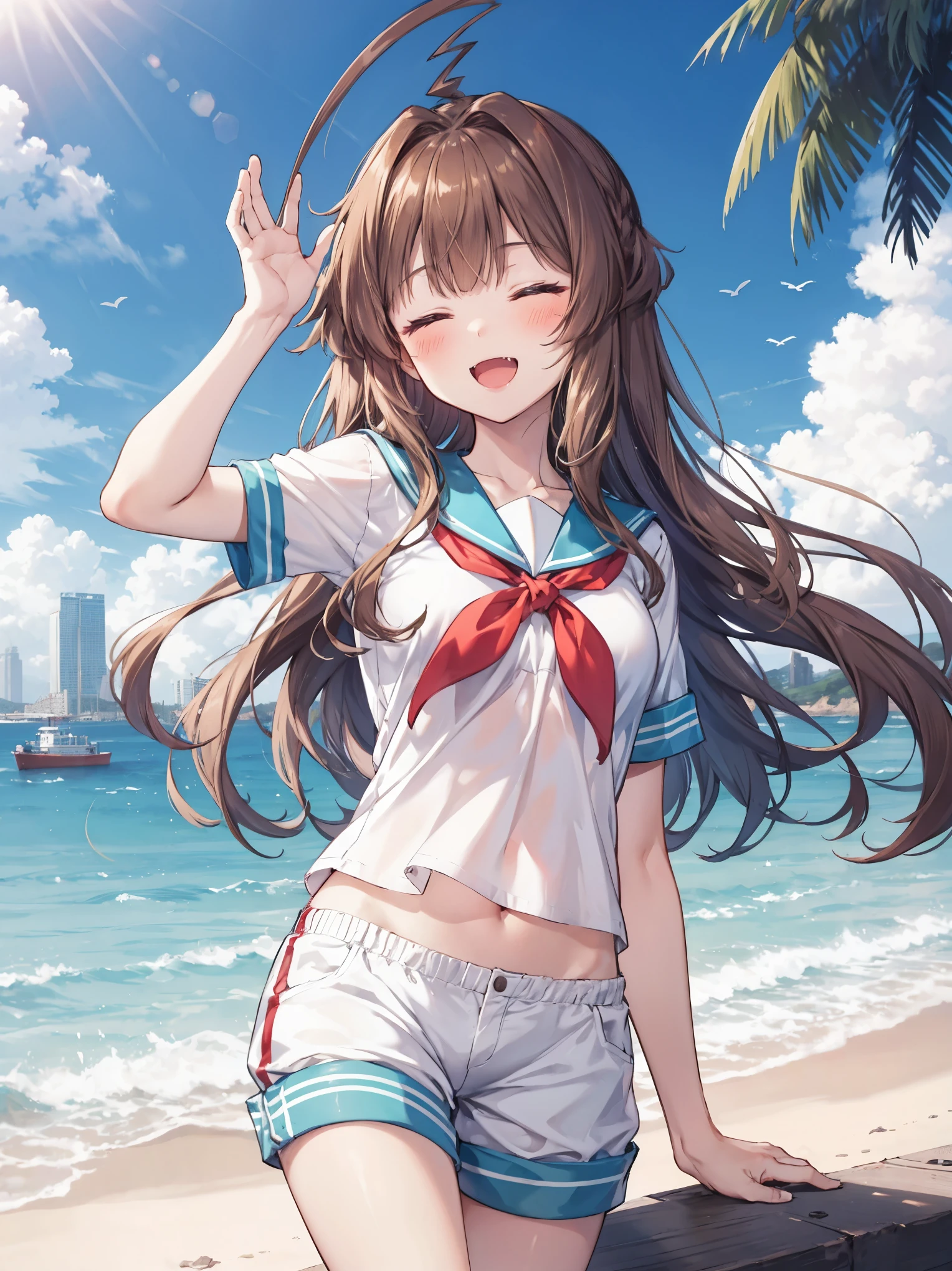 1young__ girl,  brown_hair, long_hair, sailor_uniform,white_ baggy_shorts, short_sleeve, thighs, small_breasts, big_smile, open_mouth, fang, harbor_landscape_background, slightly_spread_legs, happiness, covered_crotch,ahoge,XD,exciting_posing,closed_eyes