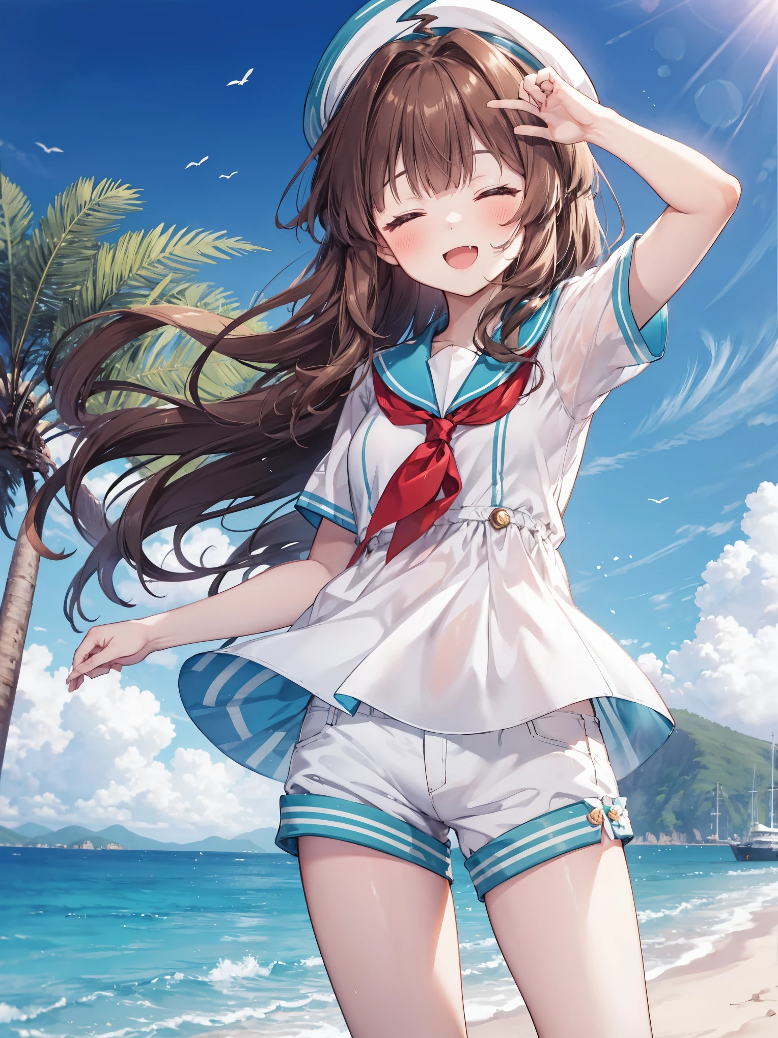 1young_teen_ girl,  brown_hair, long_hair, sailor_uniform,white_ baggy_shorts, short_sleeve, thighs, small_breasts, big_smile, open_mouth, fang, harbor_landscape_background, slightly_spread_legs, happiness, covered_crotch,ahoge,XD,exciting_posing,closed_eyes