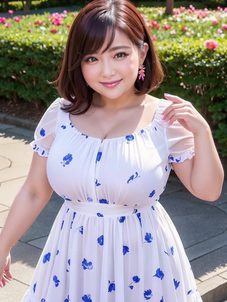 A beautiful and hot almost chubby mature woman.who is wearing a patterned short dress and is and standing in the park. A smiling face、sexy woman、A radiant smile、adorable、race、Frills、Colorful design、Full-length mirror、An inviting gaze、Gorgeous long and beautiful hairstyle、variation Hairstyle、Open neck blouse、Flower Garden、Sparkling、Elegant Princess、さらさらヘアー