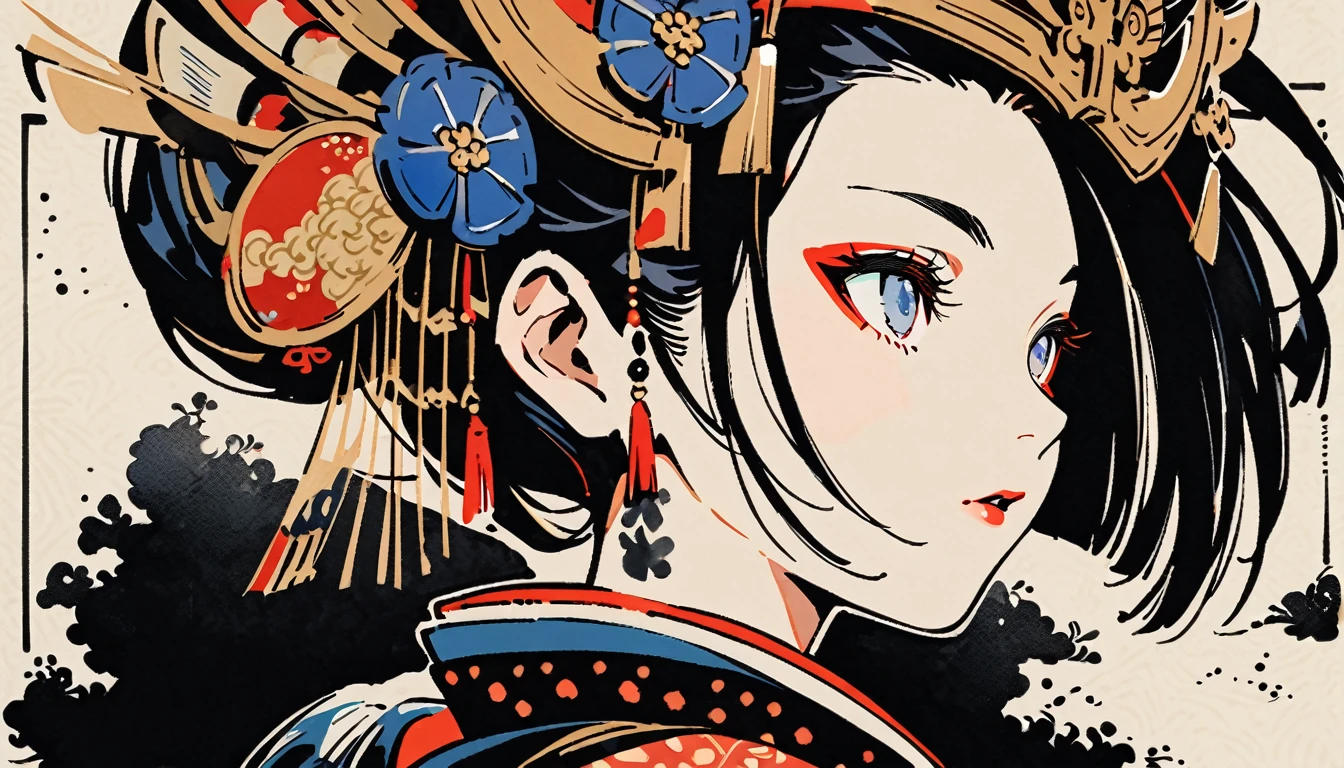 Ink Painting, (((1 girl))), (((Oiran))), (((Very flashy hair accessories))), (((Very fancy kimono))), Japanese style headphones, face close-up, Japanese Beauty, Black Hair, Delicate and precise, Modern ukiyo-e style
